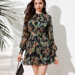 SHEIN Black Floral Long Sleeve Dress